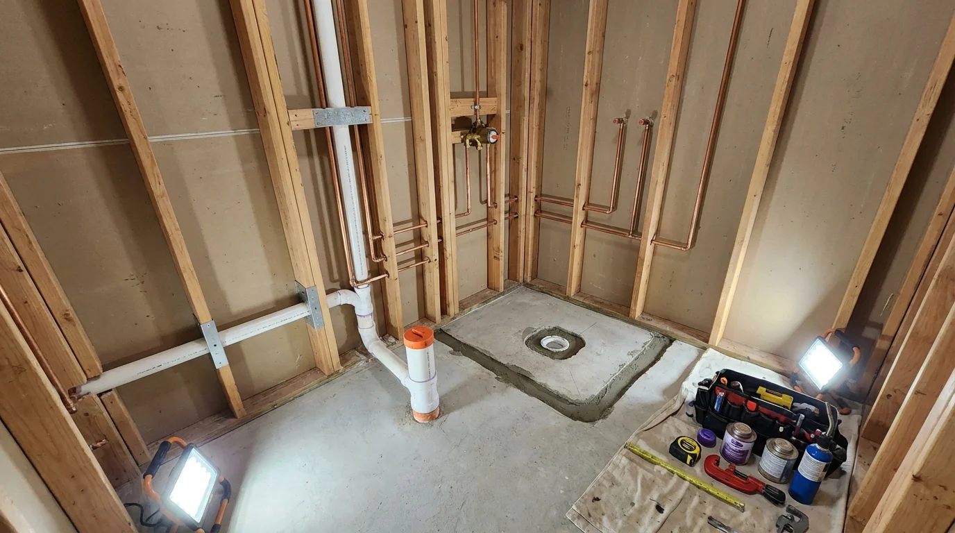 Bathroom rough-in plumbing during remodel by Johns Plumbing LLC in Maumelle
