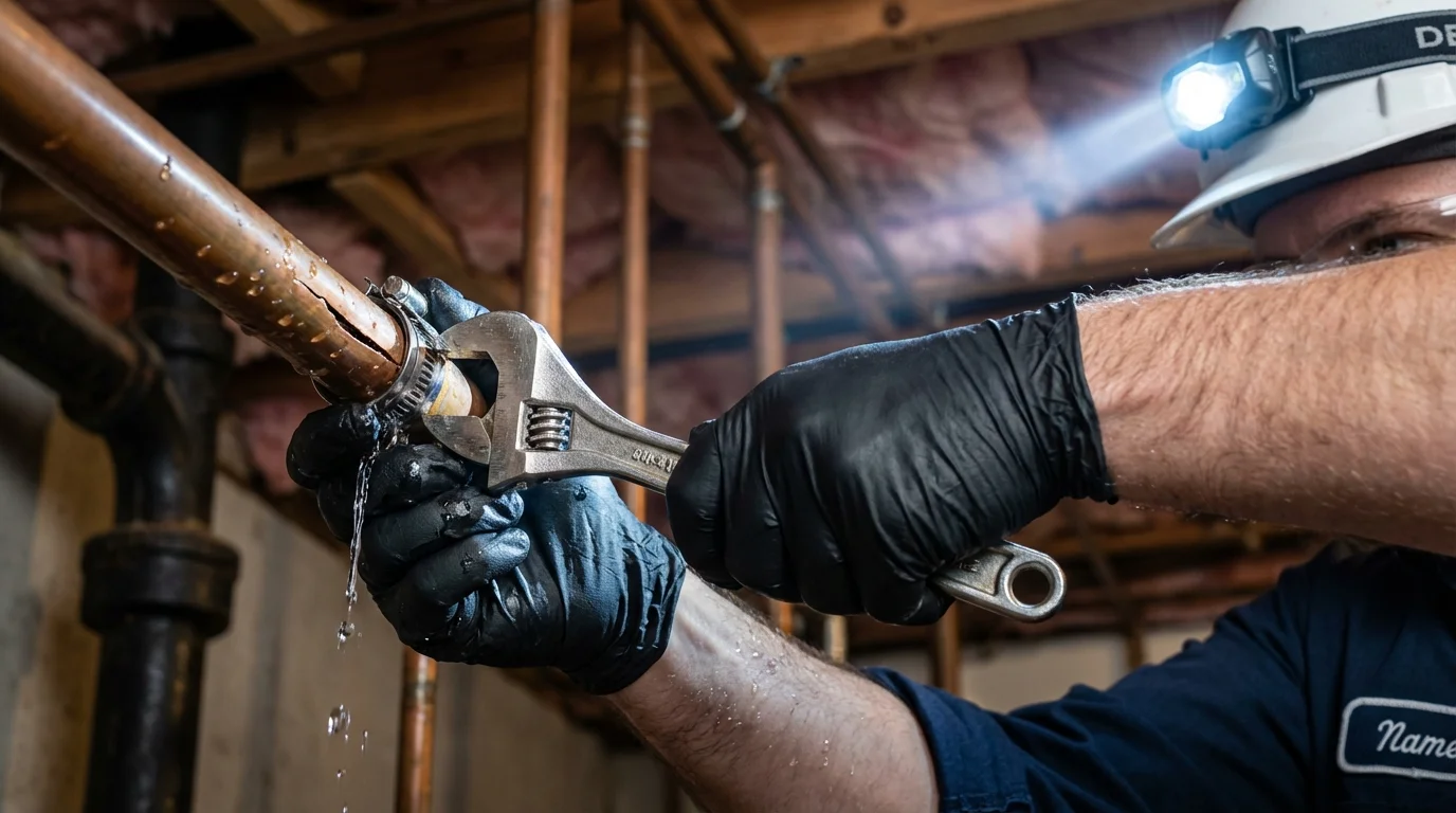 Emergency pipe clamp repair being performed by a Johns Plumbing LLC plumber in Maumelle