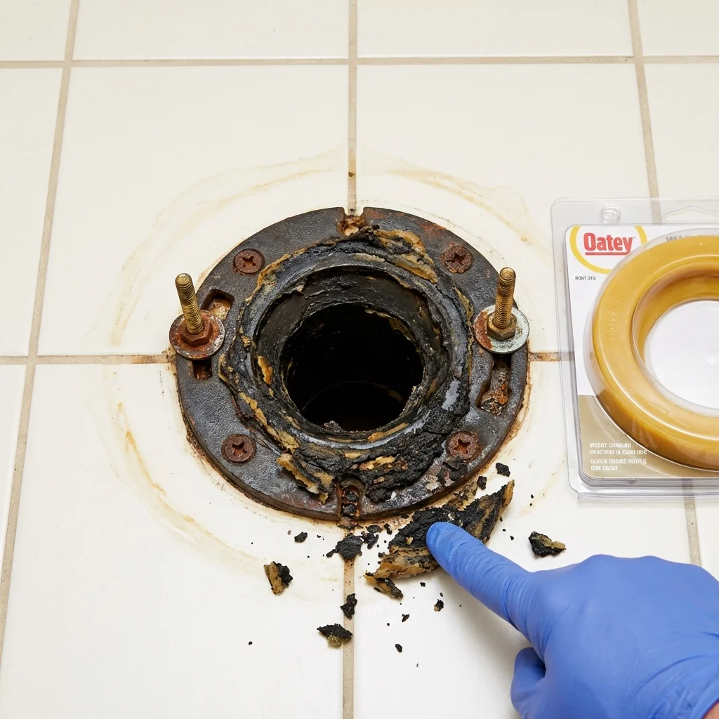 Failed wax ring showing water seepage at the base of a toilet in a Maumelle, AR home