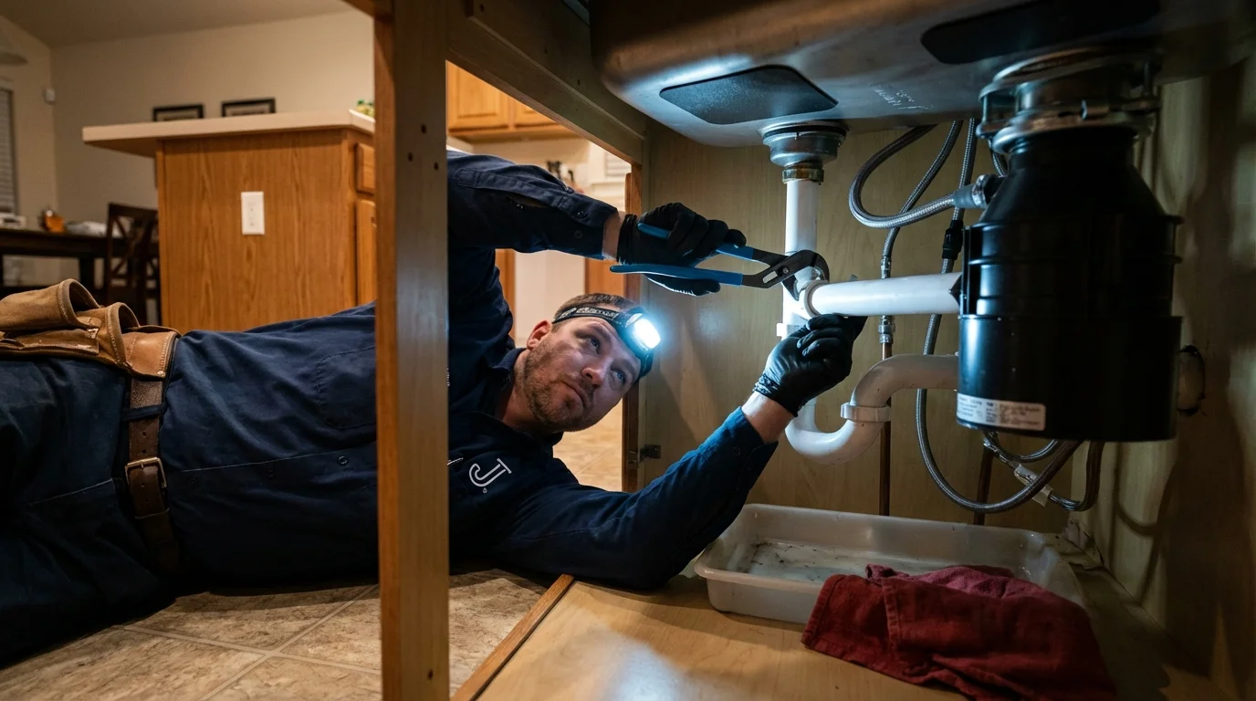 P-trap and supply line connections under a kitchen sink showing a common leak point in Maumelle, AR